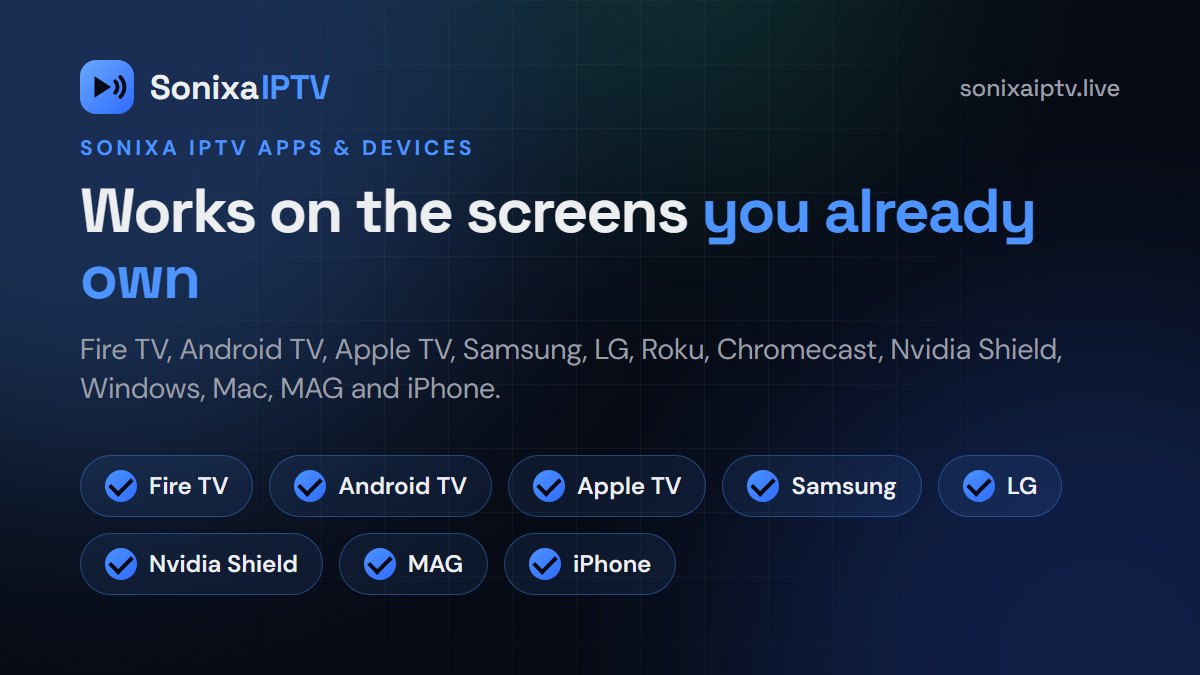 Sonixa IPTV apps and devices: Fire TV, Android TV, Apple TV, Samsung, LG, Nvidia Shield, MAG and iPhone