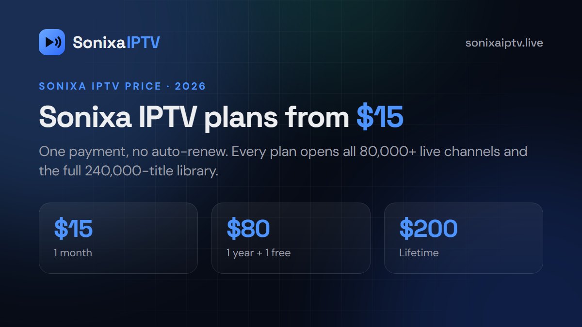 Sonixa IPTV price 2026: 1 month $15, 1 year $80 with a free month and lifetime $200